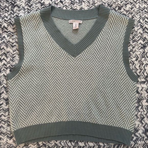 Teal and Cream Knit V Neck Sweater Vest Sincerely Jules Size Women’s Large - Picture 2 of 7
